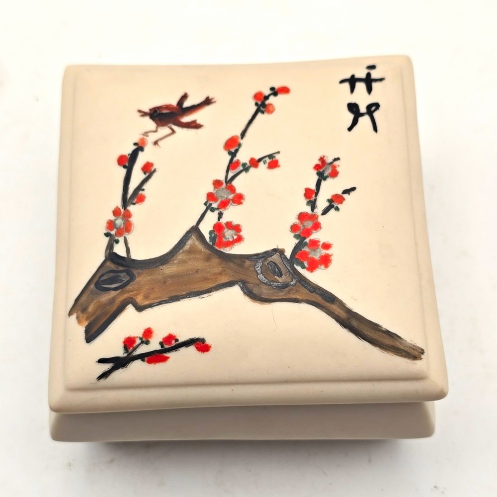 Square Ceramic Lidded Trinket Box Blossom Branch & Bird Design